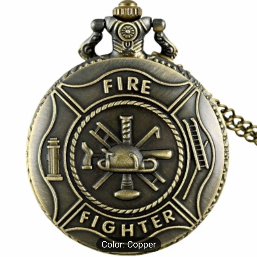 New Retro Quartz Pocket Watch W/ Letter Fire Fighter Fashionable For Men, T1MIS